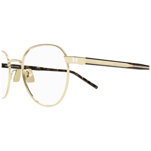 Occhiale Saint Laurent dorato, montatura sottile, forma aviator, stanghette tartarugate.