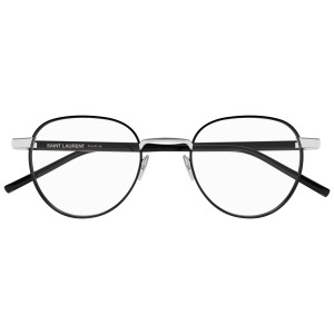 SL_781-003-front-xxl Occhiali Saint Laurent, montatura nera e argento, forma arrotondata con ponte in metallo e aste sottili.