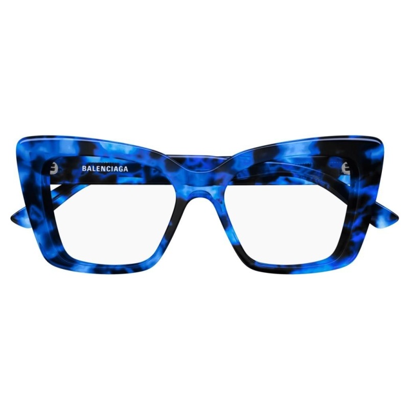Occhiali Balenciaga, forma cat-eye, montatura acetato blu marmorizzato.