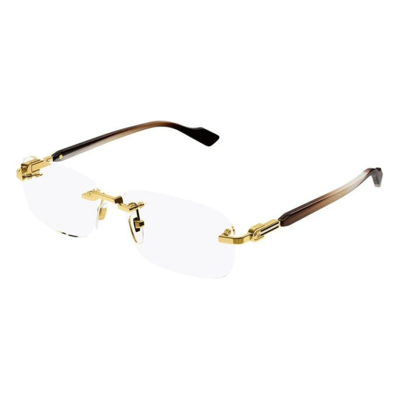 Occhiali senza montatura con dettagli oro, stanghette marroni sfumate, design elegante e minimalista.