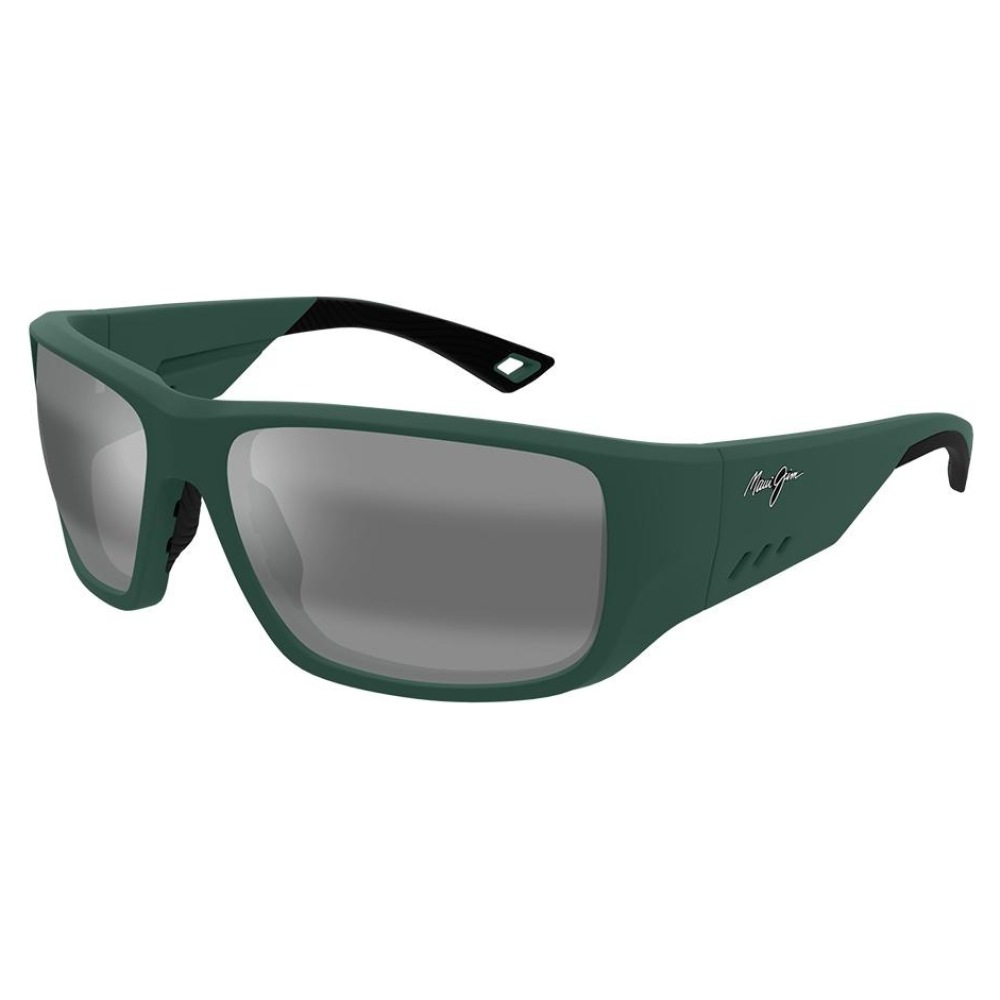 Occhiali da sole Maui Jim, montatura rettangolare verde opaco, lenti grigie sfumate.