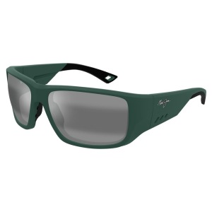 Occhiali da sole Maui Jim, montatura rettangolare verde opaco, lenti grigie sfumate.