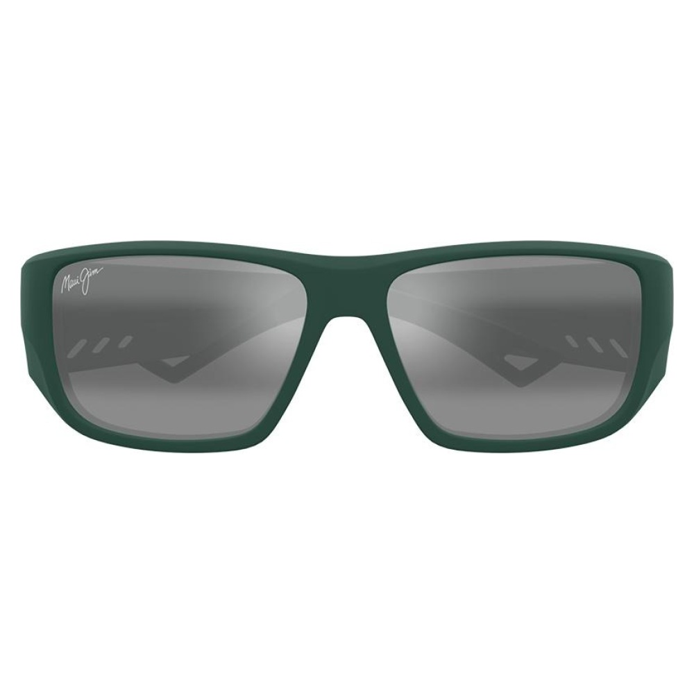 Occhiali da sole Maui Jim, montatura rettangolare verde, lenti scure.