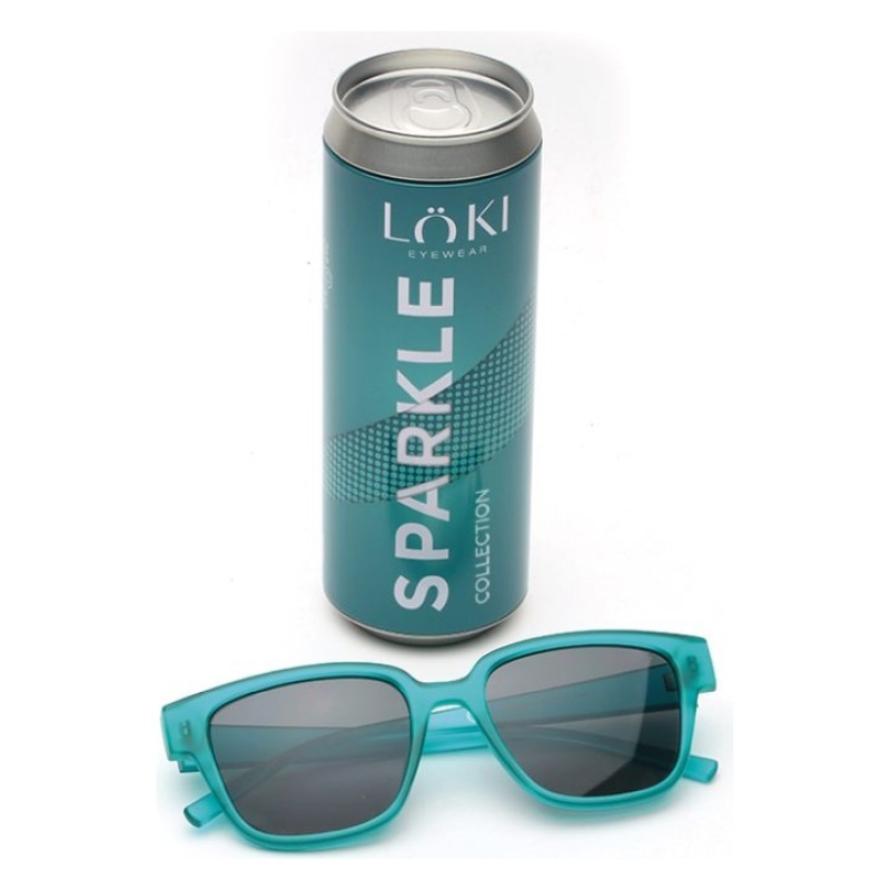 Occhiali Loki Eyewear, montatura rettangolare azzurra, confezione Sparkle Collection.