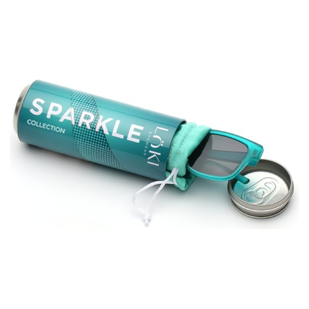 Occhiali Loki, montatura rettangolare trasparente azzurra, confezione cilindrica Sparkle.